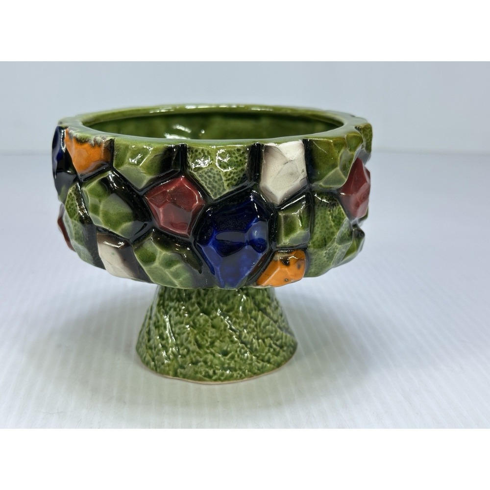 Vintage Bauble Ikebana Green Cubist Brutalist Planter MCM Chunky Mosaic Japan